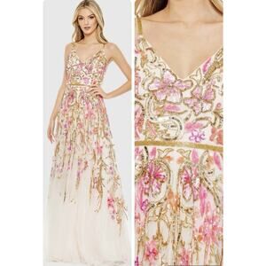 Mac Duggal Size 14 V Neck Floral Embellished Evening Gown Cream Multi 5671 NWT